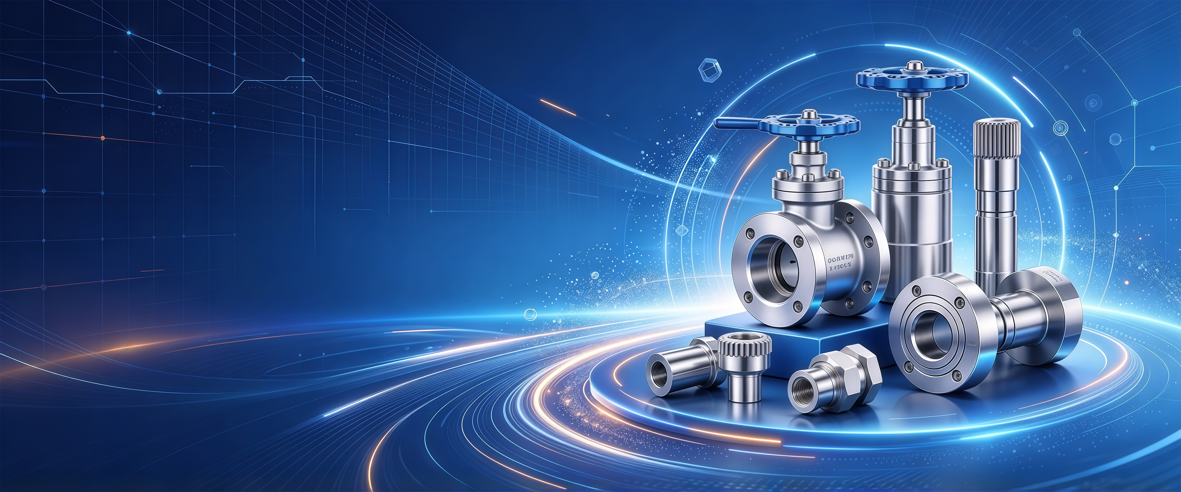 Stainless valves and fittings arranged on a blue platform with light trails